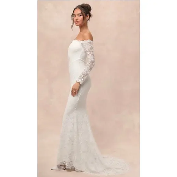 Lulus Beloved Promise White Lace Off-the-Shoulder Mermaid Maxi Dress S - Picture 2 of 6